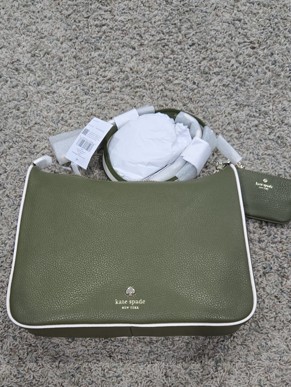 NWT kate spade olive green leather shoulder bag with white piping